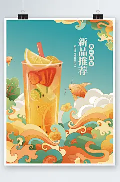国潮插画风奶茶店促销打折活动海报