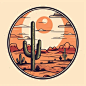 logo, cactus with sunset, retro illustration, white background, #d7937c, #9aab8b, #de9670, #c39468, #b38051,