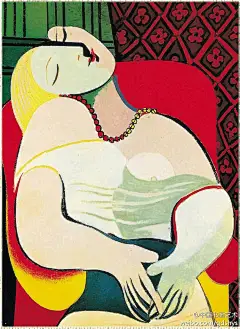 毕加索《梦》--- 毕加索绘画的主要趋势是丰富的造型手段，即空间、色彩与线的运用。跟一生穷困潦倒的凡高不同，毕加索的一生辉煌之至，他是有史以来第一个活着亲眼看到自己的作品被收藏进卢浮宫的画家。