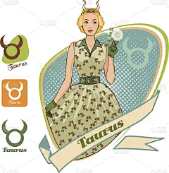 矢量星座的星座设置与复古女孩的星座。金牛座