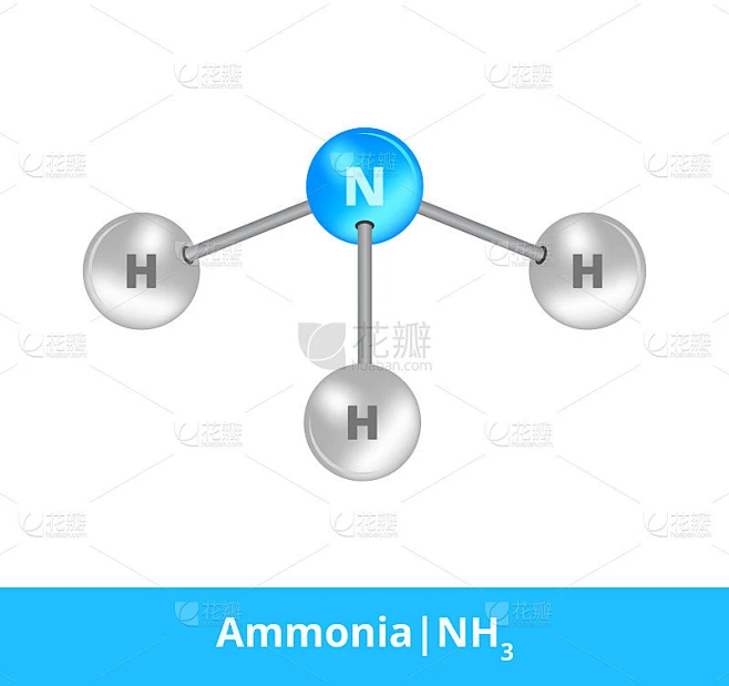 化学物质的球棒矢量模型。氨分子NH3的图标，由氮和氢组成。结构公式适合教育孤立在一个白色背景。素材-花瓣网