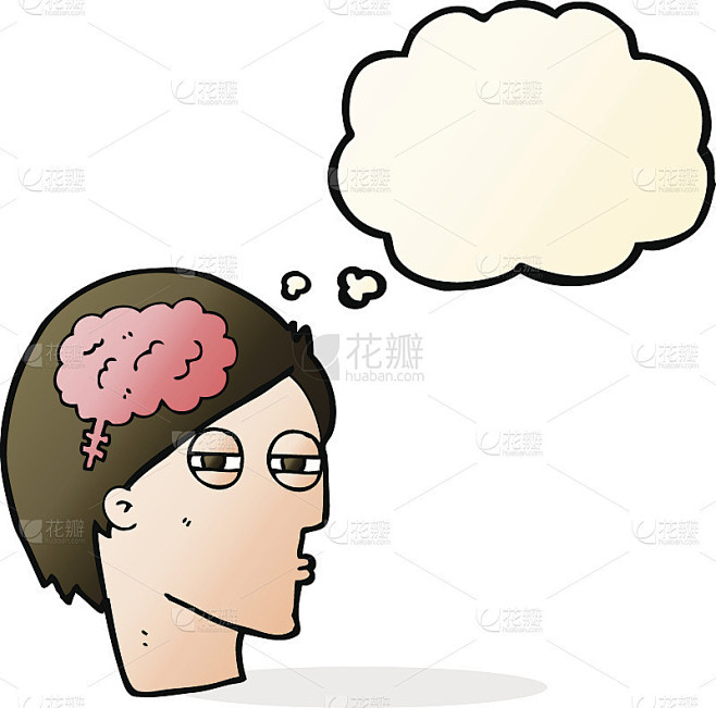 卡通人用思想泡泡仔细思考