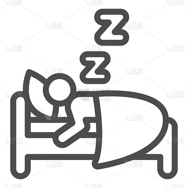 男人睡在床线图标，饮食概念，睡觉的人在白色背景上的标志，健康的睡眠图标轮廓风格的移动概念和网页设计。素材-花瓣网