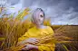 People 2048x1367 women model portrait platinum blonde blue eyes yellow shirt wheat field women outdoors depth of field Paul Mühlbach