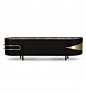 Siza. TV unit finished in matte American Oak with dark brown stain with details in dark oxidized brass. With 2 drawers and 3 doors. Top in polished Calacatta Viola marble.