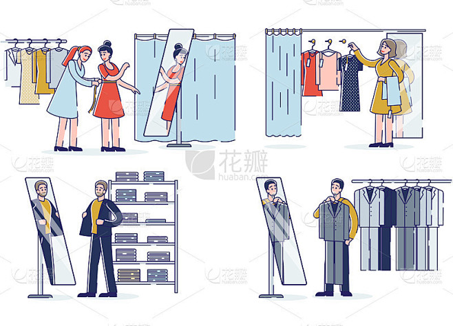 人们在时尚精品店试穿衣服。卡通男、女顾客选择新装