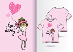 矢量手绘T恤插画卡通可爱时尚女孩独角兽服装印花人物AI设计素材