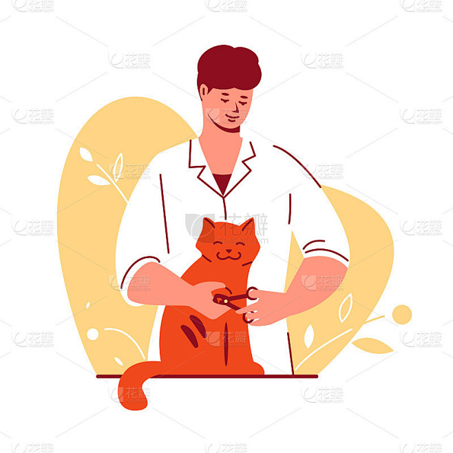 男兽医剪猫的爪子。宠物护理美容概念。矢量...