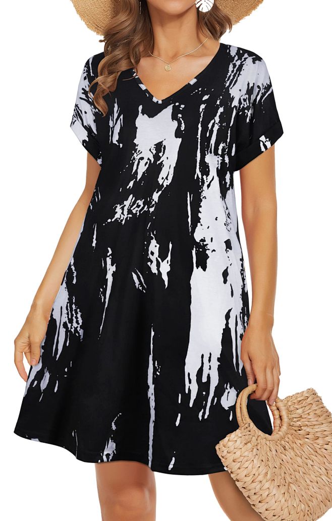 Elescat Abito Estivo Donna Scollo V Maniche Corte - Prendisole Ampio Con Tasche, Nero Boho Taglia M - 4