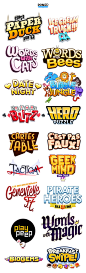Ejemplos de identificadores de juegos. Se puede reconocer un patrón en tipografía, colores e ilustración.