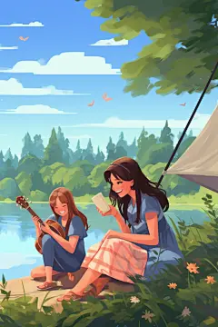 树林假期酷暑西瓜开心青年插画图片