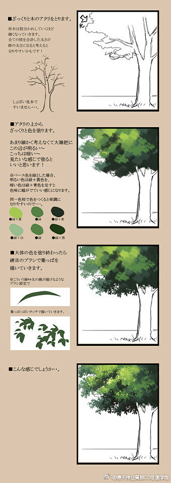 #绘画素材# 一些树的画法，包含配色纹理...