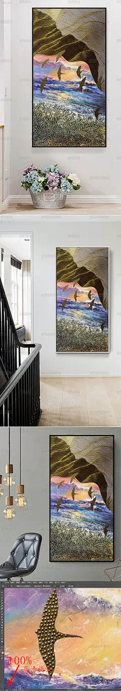 手绘立体抽象金色曲线海鸥油画玄关