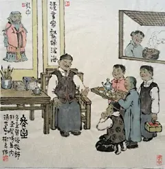 【四川民俗画家戴树良手绘二十四节气】
22冬至：冬至这天，太阳直射点到达一年的最南端，这一天北半球得到的阳光最少，白昼达到最短，且越往北白昼越短。在中国北方有冬至吃饺子的风俗，而南方则是吃汤圆。民间有从冬至日开始“数九”的习俗，宫廷从周代起，就有祭祀活动。冬至也是养生的大好时节。