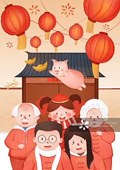 全家福,猪年,春节,新年,灯笼正版图片素材