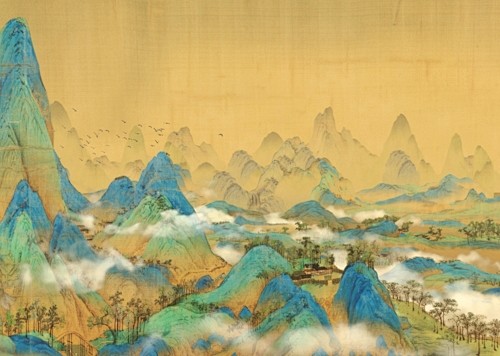 国画场景 山水国画 飞鸟动画 水墨动画场景 云 水墨画 古代书画 千里江山图 古代山水画 古代山峰