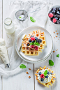 Waffles with berry fruits and whipped cream