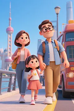 亲子上海旅游家庭人物插画