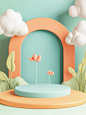 Cute cartoon green background with a circular podium. A simple and cute style with a soft light orange and sky blue gradient color scheme. Rendered in cinema4d with a minimalist stage design and 3D rendering. A cute clay sculpture with soft shapes and a d