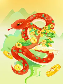 国潮蛇年新年山河摇钱树手绘包装插画