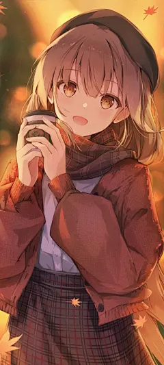 女孩子 帽子 秋 枫叶 高清 手机壁纸