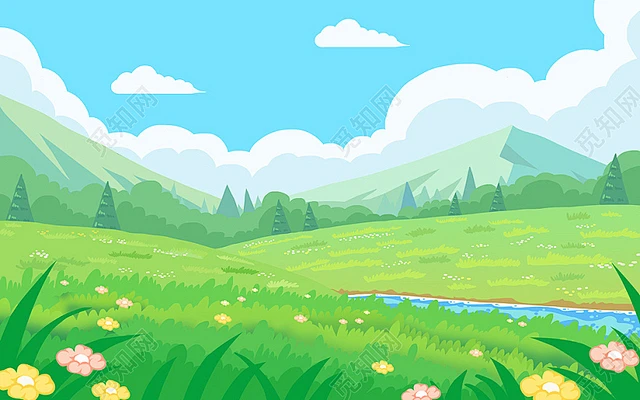 草地场景背景卡通手绘插画户外绿色天空景色风景植物花草蓝天卡通卡通草地插画-花瓣网