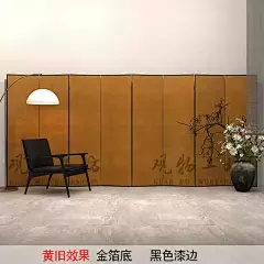 复古法式手绘金箔做旧中古漆画屏风茶室玄关折屏卧室沙发背景定制-淘宝网