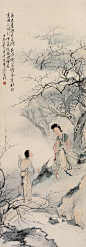费丹旭——《梅林横笛》【花未萧疏月未残,夜深横笛倚春寒。料非旧谱江城引,吹落枝头作雪看。甲辰嘉平月】仕女人物山水小景 立轴大图欣赏