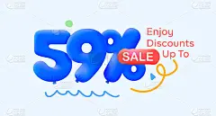 夏季特别销售横幅59%折扣形式的3d蓝色气球太阳矢量设计，季节性购物促销广告，插图3d数字标签优惠标