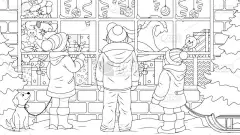 孩子们看着一家圣诞礼品店的橱窗