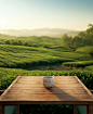a wooden table outdoors overlooking green tea field, in the style of use of fabric, precisionist, terragen, farm security administration aesthetics, rectangular fields, joyful and optimistic, innovative
