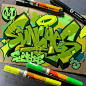 This may contain: two markers are next to some graffiti on a piece of brown paper with green and yellow letters