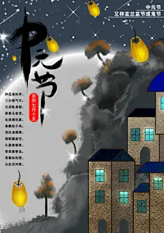 七月半中元节放孔明灯莲花天灯夜景海报