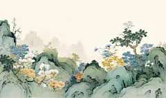 【AI数字艺术】牡丹花假山树木中国风国潮画图片下载