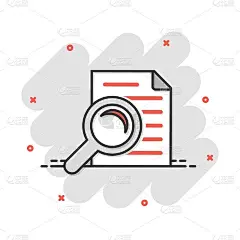 以漫画风格审查文件计划图标。回顾语句向量卡通插图象形图。文件用放大镜经营喷溅效果的概念。