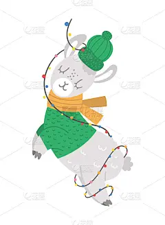 向量羊驼在绿色的帽子，围巾和毛衣包裹在一个花环。可爱的冬季动物插图。有趣的圣诞卡设计。新年印着微笑的