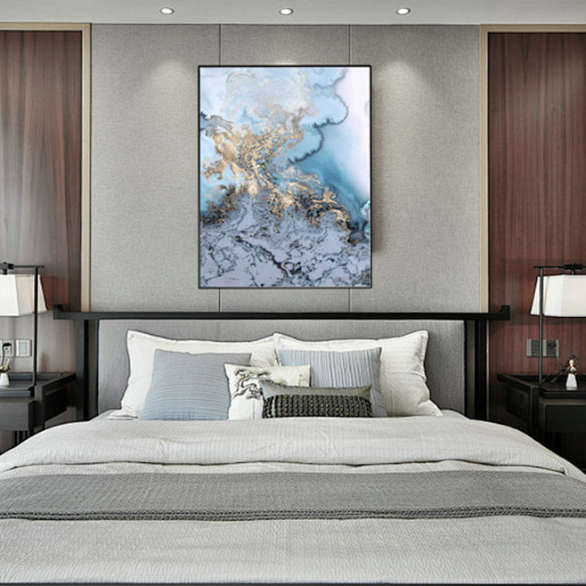 新中式浅蓝单幅软装样板房别墅抽象手绘装饰...