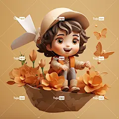 可爱的3D泥雕塑，一个可爱的小女孩在纸飞机上快乐地在空中飞行