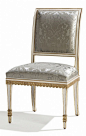 Montmartre Arm Chair by Ebanista @ebanistacollect. Hand-carved side chair. Weathered ivory finish with antiqued & distressed 22k gold detailing. Includes 1/2" flat French welt detailing. Shown with Ebanista's La Fleur Acanthus silk damask upholst
