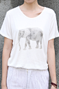 夏装新款韩版大象图案印花T恤 米白宽松短袖T恤女百搭上衣打底衫