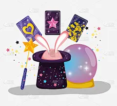 magic wand and ht with rabbit and crystal ball