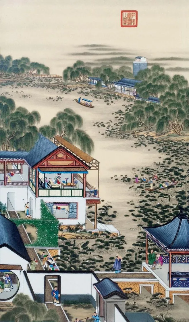 郎世宁《雍正十二月令圆明园行乐图-六月纳凉》-花瓣网
