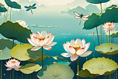 花朵池塘荷花荷叶插画图片