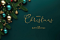 Christmas background with green fir branches and christmas decorations on dark green background