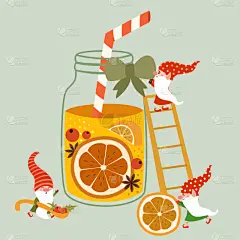 可爱的,贺卡,新年前夕,模板,节日,绘画插图,花园矮人雕像,鸡尾酒,明信片