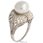 [Edwardian Natural Pearl] Edwardian Natural Pearl, Diamond and Platinum Ring ca. 1912