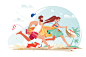 Flat young man with beard, surfboard and girl couple with corgi rush to rest.
