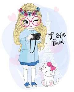 手绘可爱的女孩与猫插画矢量图设计素材