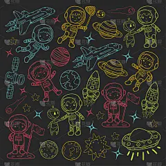 太空幼儿园，学校天文课儿童，涂鸦儿童插画Ufo，外星人，月球表面，地球，木星，土星，火星矢量图标