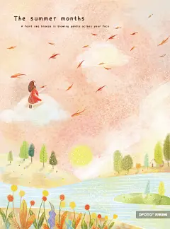 森林湖面小鱼唯美卡通梦幻插画 :  